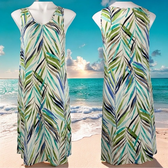 NEW J. Jill Wearever Tropical Resort Vacation Leaf Stretch Tank Dress Size L - Picture 1 of 10